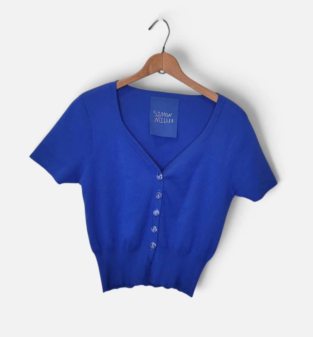 Simon Miller Blue Cotton Blend Short Sleeve Cropped Sweater Cardigan XS Luxe